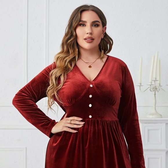 Melo Apparel Plus Size V-Neck Decorative Button Knee Length Dress - Picture 1 of 8